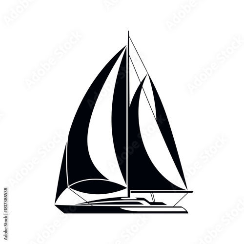 Elegant Black Sailboat Gliding Across Calm Waters in a Serene Seascape Under a Bright Sun-Lit Sky. Vector without background