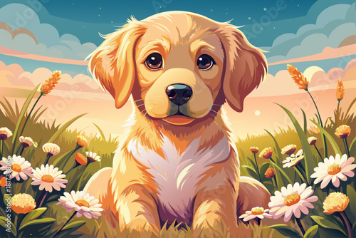 Golden retriever puppy sitting in meadow of daisies, warm sunlight, soft pastel colors, adorable innocent expression, dreamy natural background.