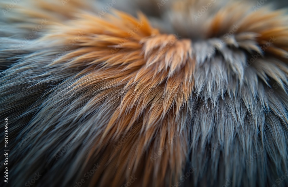 Naklejka premium Close-up of animal fur shows detailed texture and color variations. Orange and grey strands create a rich, soft pattern. Natural material looks warm and luxurious.