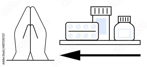 Healthcare focus. Visualizing healthcare with medicine bottles and prayer hands, holistic wellness. Healthcare integrates spirituality and modern treatment. For wellness, pharmaceutical, faith
