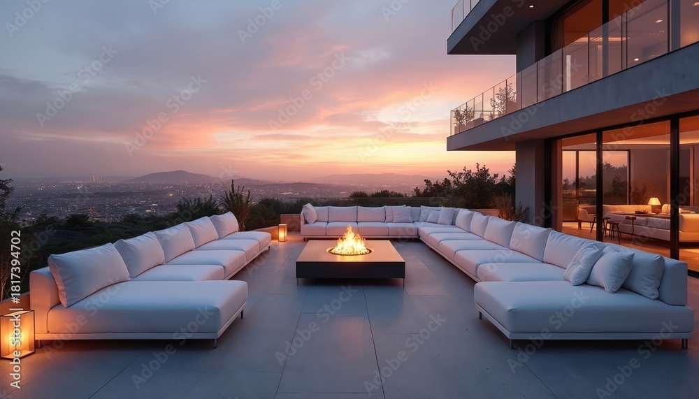 Obraz premium Modern luxury terrace with white sofas around fire pit. Cityscape view at sunset. Cozy outdoor living area with contemporary furniture. Relaxation and comfort in a stylish villa.