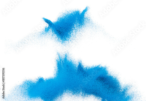 Small size blue Sand flying explosion, Ocean sands grain wave explode. Abstract cloud fly. Blue colored sand splash throwing in Air. White background Isolated high speed shutter, throwing freeze stop