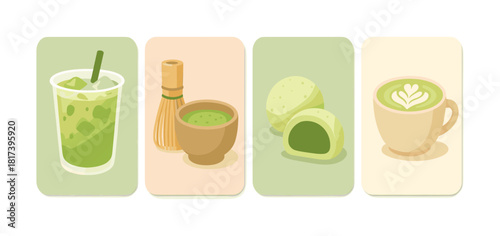 Matcha delights: iced drink, whisk, mochi, and latte in a charming flat design