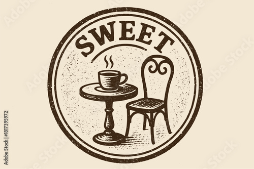 Vintage cafe logo with coffee cup and chair in rustic style