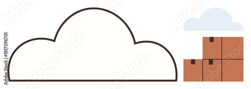 Large cloud outline next to stacked cardboard boxes emphasizing storage, data transfer, and technology. Ideal for technology, cloud computing, storage, data management, digital services, logistics