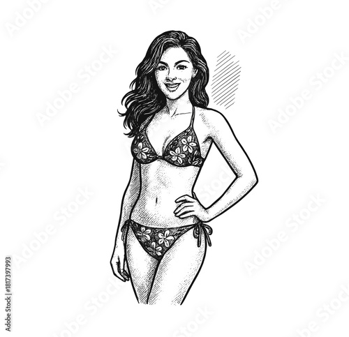 Hand-Drawn Woman in Floral Bikini – Black and White Vintage Illustration