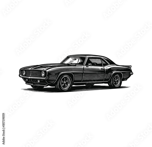 Vintage Muscle Car Profile – Retro Automotive Engraving Illustration