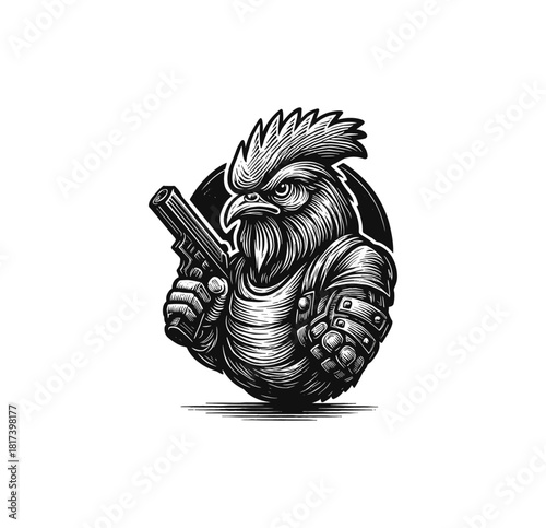 Rooster Warrior with Armor and Pistol – Fantasy Engraved Illustration
