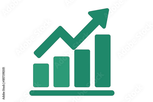 Green bar chart showing positive financial growth with an upward trending arrow