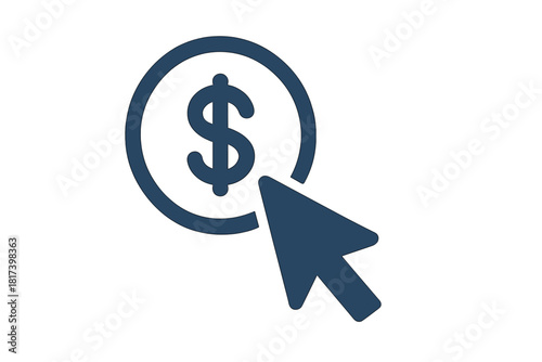 Mouse cursor clicking on a dollar sign coin symbol representing online payment transaction or digital commerce