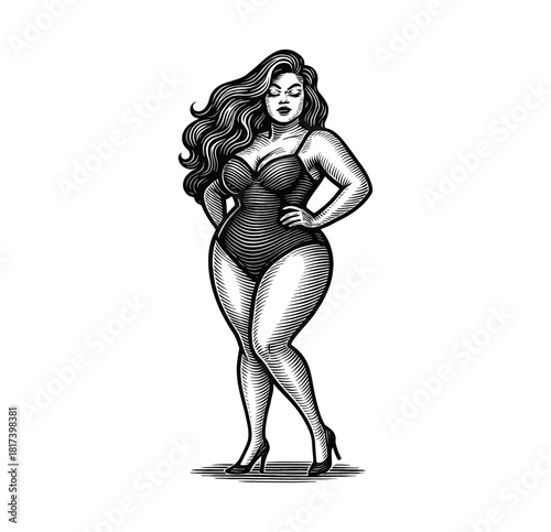 Curvy Woman in Stylish Bodysuit – Vintage Engraved Fashion Illustration
