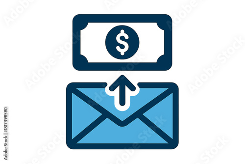Digital money transfer icon showing dollar currency moving via email correspondence