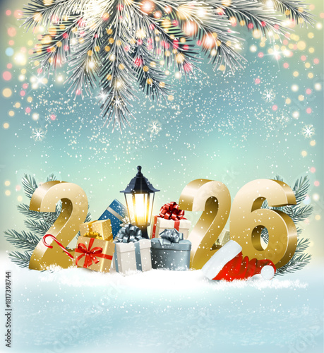 Merry Christmas and Happy New Year Background with 2024 and colorful gift boxes and branches of christmas tree. Vector