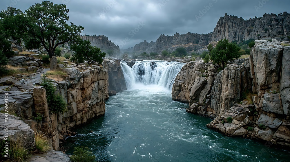 Fototapeta premium Waterfall splashing into calm pool high resolution picture