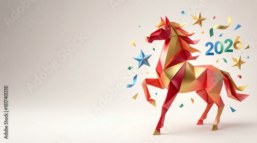 Origami Horse and the Year 2026 With Confetti, Stars, and Vibrant Colors for New Year's Celebrations