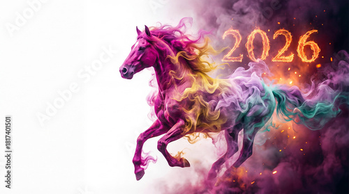 Galloping Horse Depicted in Vibrant Colors and Smoke With the Year 2026 in Flames, Representing the Year of the Horse