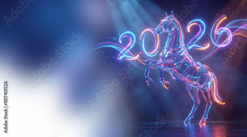 Year of the Horse, Digital Neon Artwork With 2026 New Year Date and Prancing Stallion