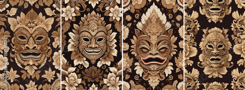 Seamless Balinese batik pattern featuring stylized Barong mask elements and traditional floral ornaments, cultural heritage style, complex symmetrical composition, dark brown and cream palette