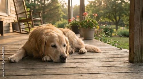 Golden Retriever Relaxing on Porch at Sunset, Outdoor Lifestyle Photography in Tranquil Garden Setting