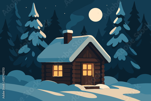 Blanketing snowy roof cabin illustration serenity pines golden vector wooden frosted glowing