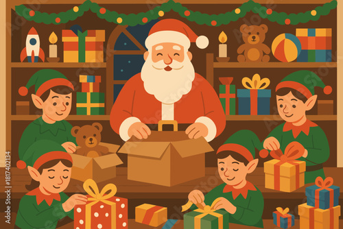 Inside garlands vector colorful s illustration busy wrapping packing elves toy santa