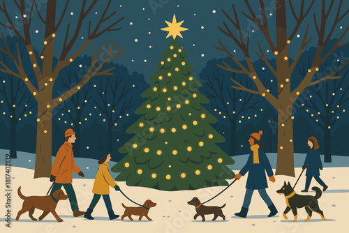 Fairy illustration vector fresh holiday glowing lights trees park stroll walking pine