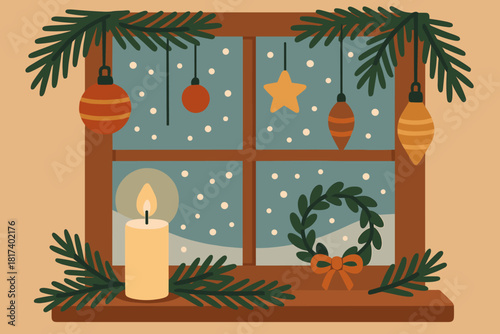 Vector glowing holiday view cozy candle illustration small ornaments wreath outside window