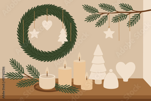 Pine minimalist neutral elements ceramic decor branches illustration ornaments interior scandinavian holiday