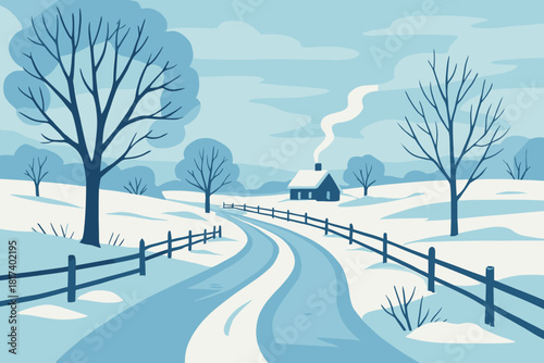 Through road fields trees snowy bare countryside cottage illustration serene rising vector
