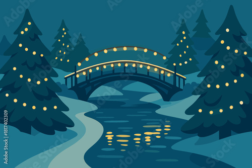 Water icy reflections bridge bulbs glowing festive sides frozen vector lights adorned