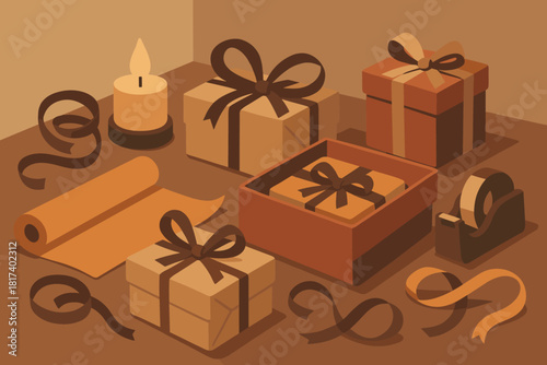 Wrapping dispenser nearby vector scene into cozy illustration corner illuminating ribbons from
