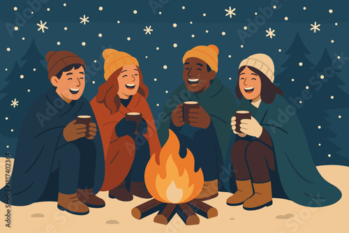 Cocoa celebration wrapped winter illustration air group bonfire while hot friends vector