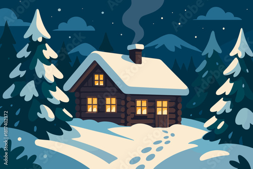 Trail front footprints retreat mountain snowy cabin to vector illustration warm door