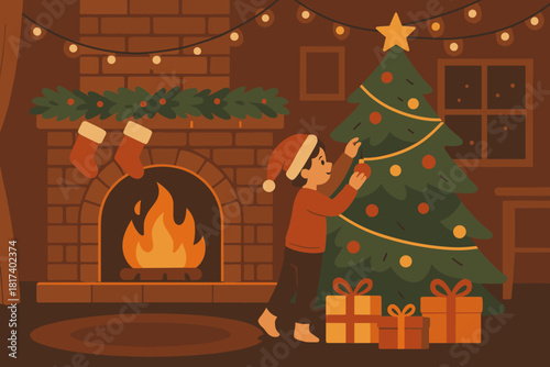 Illustration vector room decorating warm glowing beside fireplace cozy christmas fairy child