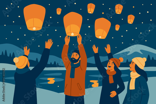 Cold illustration into winter releasing light festival people lantern vector lakes sky