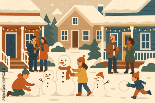 Winter porch chatting glowing neighborhood festive cheerful hand snowmen vector scene illustration