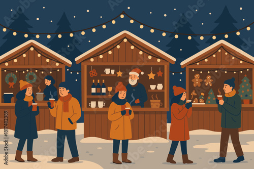 Fair market warm illustration twinkling atmosphere vector winter cozy evening lights holiday