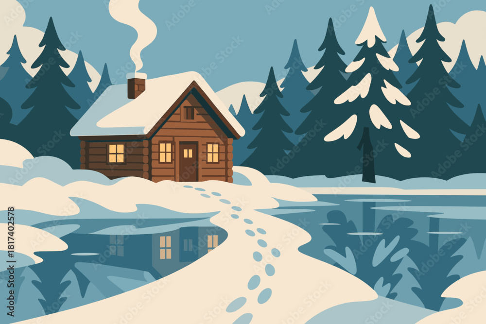 Fototapeta premium Vector lodge lake snow wooden cabin leading door illustration beside frozen