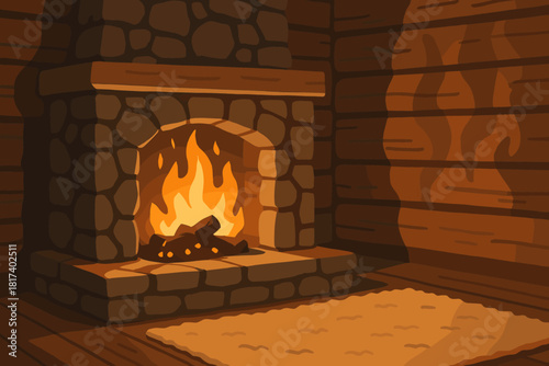 Cozy rustic flickering flames fireplace hearth scene dancing embers cabin vector illustration