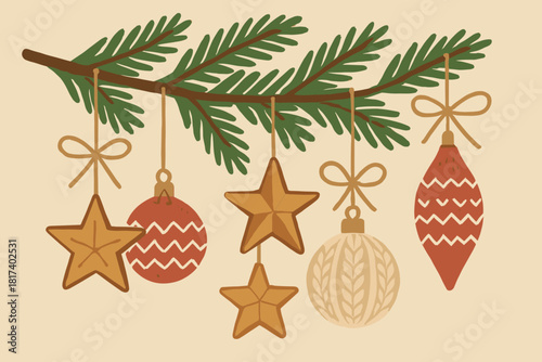 Rustic ornaments knitted stars ribbons tree wooden illustration festive vector decorated