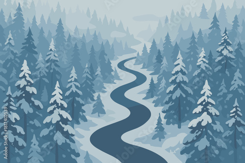 Vector landscape hovering winding forest snowy blanketed aerial illustration mist treetops river