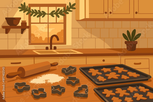 Rolling trays baking cutters kitchen holiday warm vector cookie flour pin illustration