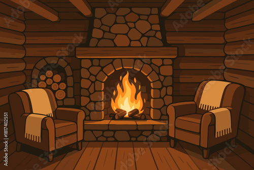 Illustration wooden cabin draped near vector cozy beside flickering stacked light fireplace