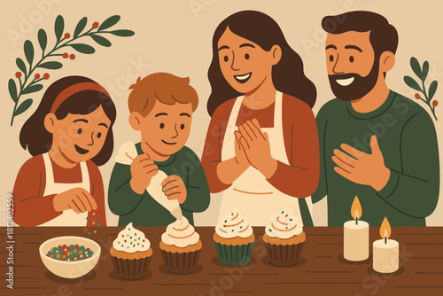 Baking holiday family smiling frosting parents sprinkles vector illustration their flickering nearby