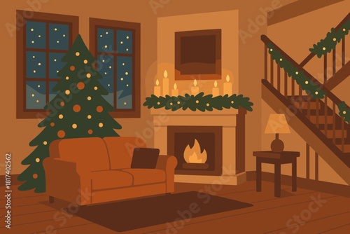 Room snow illustration glowing candles festive along mantel cozy living vector staircase