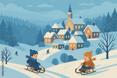 Blue into vector forest fading illustration village glowing snowy sledding yellow