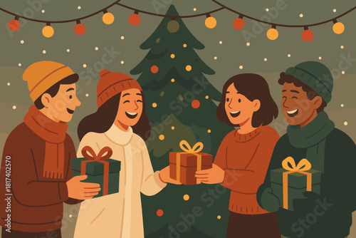 Vector garlands laughter festive warm gift illustration captured exchange group exchanging winter