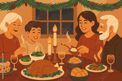 Cozy winter tones steaming glowing illustration feast room candlelit platters overhead holiday