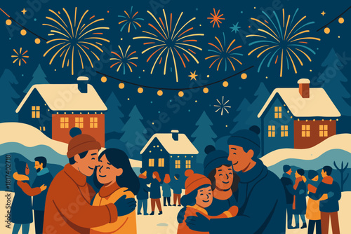 Festive outdoor above shimmering celebration embracing vector holiday illustration fireworks rooftops