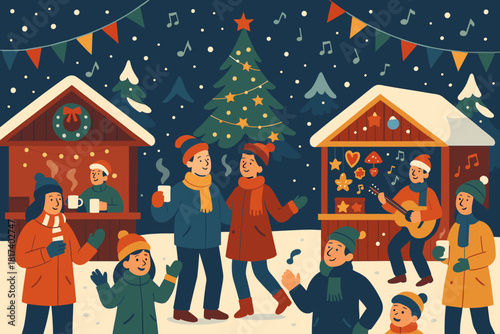 Illustration surrounding steaming snowy drinks night music market hot festive vector filled